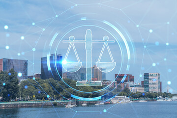 Plakat Panorama Boston city view skyline and Massachusetts Institute of Technology campus at day time. Glowing hologram legal icons. The concept of law, order, regulations and digital justice.