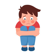 Sad child sitting on floor in flat design on white background.