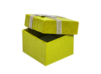 Open yellow color gift box with silver ribbon isolated on a transparent background.