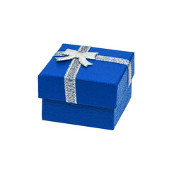 Open blue color gift box with silver ribbon isolated on a transparent background.