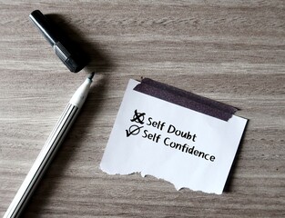 Pen and sticknote with choices SELF DOUBT - SELF CONFIDENCE, concept of choosing to overcome SELF...