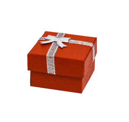 Open RED color gift box with silver ribbon isolated on a transparent background.