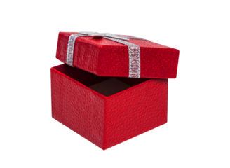 Open RED color gift box with silver ribbon isolated on a transparent background