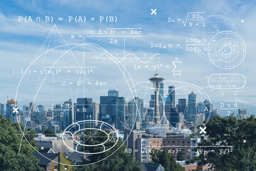 Seattle skyline panorama from Kerry Park. Skyscrapers of financial downtown at day time, Washington, USA. Technologies and education concept. Academic research, top ranking university, hologram