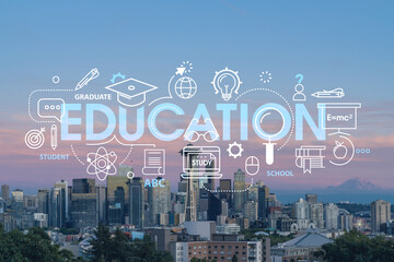 Seattle skyline panorama from Kerry Park. Skyscrapers of financial downtown at sunset, Washington, USA. Technologies and education concept. Academic research, top ranking university, hologram