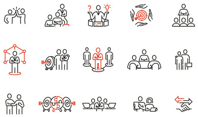 Vector Set of Linear Icons Related to Teamwork, Cooperation, Collaboration and Mission. Mono line pictograms and infographics design elements