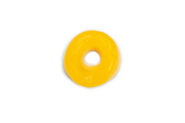 Assorted colorful gummy candies. Top view. Jelly donuts. Jelly bears. Isolated on a white background.