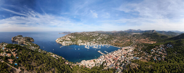 Panoramic photo of of a Puerto de Andatx in Mallorca. Beautiful view of the seacoast of Mallorca with an amazing turquoise sea, in the middle of the nature. Concept of summer, travel, relax and enjoy