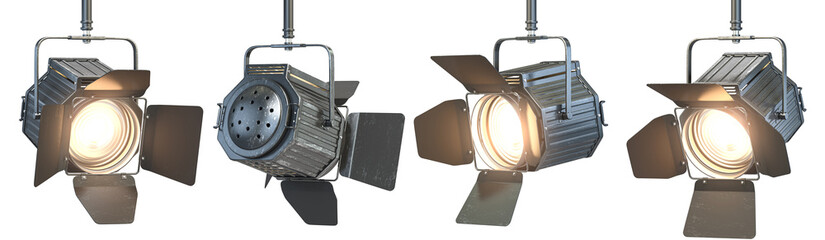 Set of illuminated spotlights isolated on white, lighting stage equipment. - 547629535