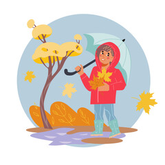 Autumn sticker or banner in circle frame with child walking with umbrella, flat vector illustration isolated on white background. Autumn fall season decorative banner design.