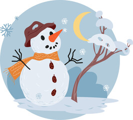 Winter sticker or banner in circle frame with snowman with hat and scarf in snowdrifts. Christmas and New Year winter decorative banner design.