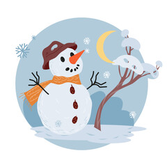 Winter sticker or banner in circle frame with snowman with hat and scarf in snowdrifts, flat vector illustration isolated on white background. Christmas and New Year winter decorative banner design.