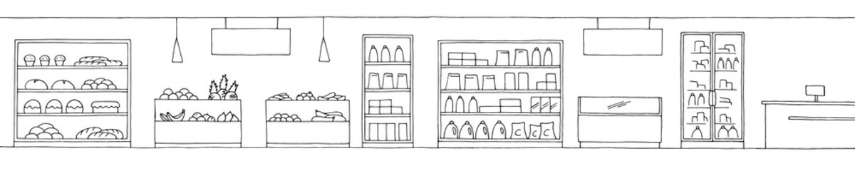 Grocery store shop interior black white graphic sketch long illustration vector 