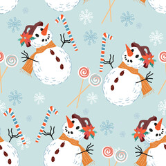 Christmas seamless decorative pattern texture with snowman and holiday candies, flat vector illustration. Winter pattern for wrapping, fabric and Christmas and New Year greetings and invitations.