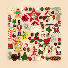 Old fashioned eco friendly retro Christmas symbols and tree decorations on cream background. Festive composition with large collection of natural objects of metal and wood.