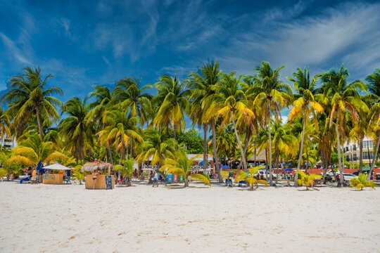 ISLA MUJERES ISLAND, MEXICO - APR 2022: Cocos beach bar on a beach with white sand and palms on a sunny day, Isla Mujeres island, Caribbean Sea, Cancun, Yucatan, Mexico