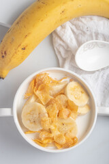 Cornflakes breakfast, banana, fresh milk, healthy food