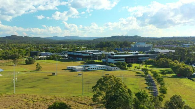 Aerial Flyover Green Rural University Campus Surrounded By Grass And Nature, 4K