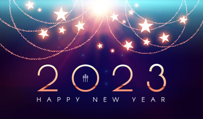 Happy new 2023 year Elegant gold text with fireworks and light effects.