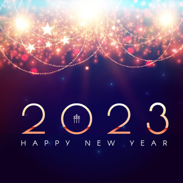 Happy new 2023 year Elegant gold text with fireworks and light effects.