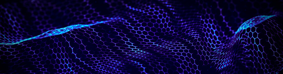 Abstract wave of connected hexagons. Futuristic polygonal background. Artificial intelligence. Big data technology. 3d rendering