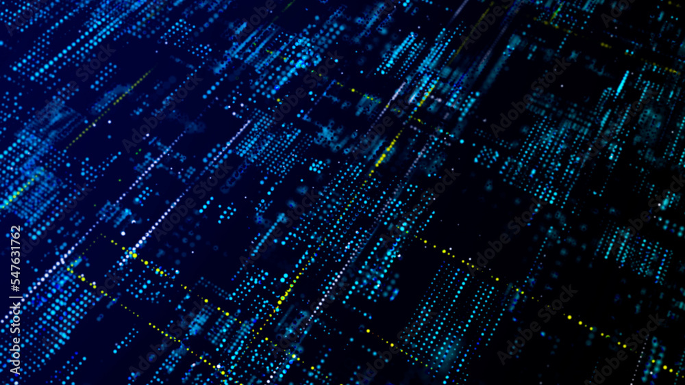 Poster big data technology background. microchip and computer parts. city of the future. 3d rendering