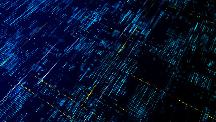 Obraz premium Big Data technology background. Microchip and computer parts. City of the future. 3d rendering
