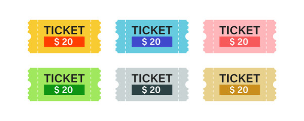 Paper ticket vector design template. Movie pass symbol. Six colors concept.
