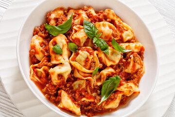 tortellini in ground beef tomato sauce, top view
