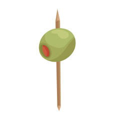 Wooden toothpick with olive on white background