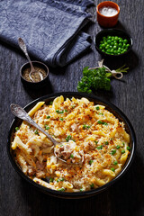 Tuna Mornay in baking dish, top view