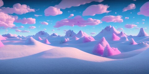 Magic fairytale Winter landscape with snow, mountains, pink fluffy clouds and fir trees against blue sky. Bright christmas wallpaper. 3D render.