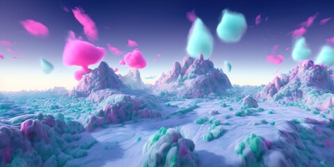 Fototapeta na wymiar Magic fairytale Winter landscape with snow, mountains, pink fluffy clouds and fir trees against blue sky. Bright christmas wallpaper. 3D render.