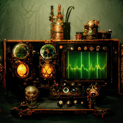 Retro-futuristic laboratory: steampunk oscilloscope with green tube monitor made with generative AI