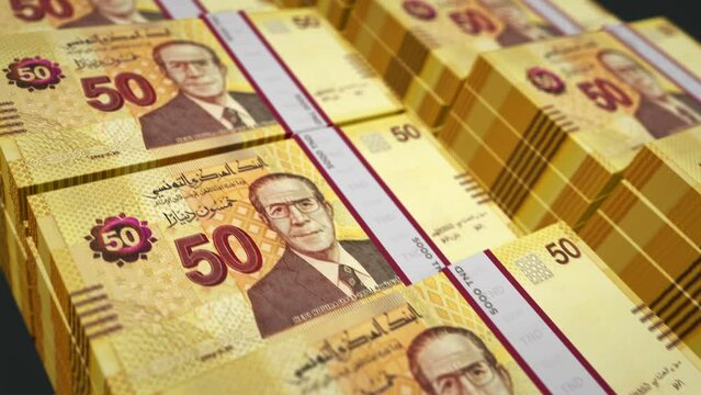 Tunisia money Tunisian Dinar money pack loop 3d animation. Loopable seamless concept of finance, cash, economy, business and bank. Camera moving over the 50 TND banknote bundle stacks.