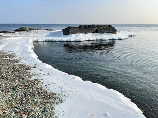 Glass beach is Steklyannaya Bay near Vladivostok. Russia, Primorsky Krai, winter © irinabal18