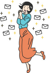 お問い合わせが沢山来て喜んでいるオフィスワーカーの若い女性のシプルタッチのベクターイラスト