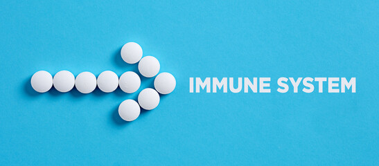 Arrow shape made of medical pills pointing to the word immune system. Medical supplements for...