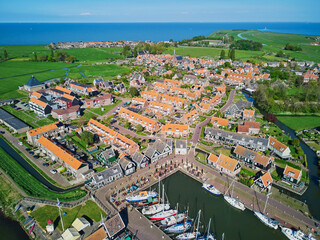 Aerial drone view of picturesque village of Marken, near Volendam, North Holland, Netherlands