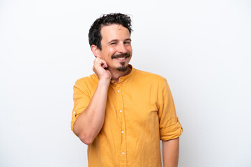 Young man with moustache isolated on white background laughing