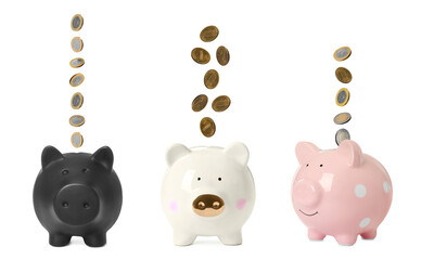 Money falling into different piggy banks on white background