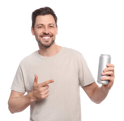 Happy man holding tin can with beverage on white background