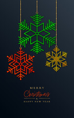 Fototapeta premium Christmas greeting card - coloured 3D snowflakes on dark background - Merry Christmas and happy new year