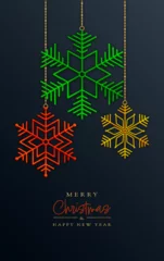 Foto auf Alu-Dibond Christmas greeting card - coloured 3D snowflakes on dark background - Merry Christmas and happy new year © Ester