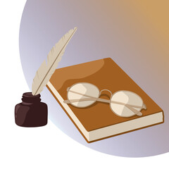 Vector book with glasses, an inkwell with a feather stands next to it on a gradient abstract background