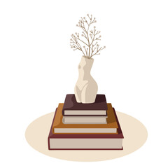 Vector stack of books. There is a vase on the books in the form of a female body with dried flowers