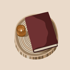Vector illustration of a book and a candle on a wooden stand