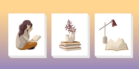 Set of vector illustrations on the theme of books, people reading and cozy decor