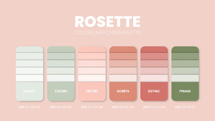 Color palette in a Rosette colour themed collections. Color scheme or colors chart template. Color combination set of RGB, HSL and HEX codes. Color swatch for art, fashion, home design, or web design.