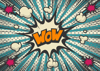 Pop art style, Comic book concept speech bubble Wow. Illustration halftone dot versus comic. Comics book template background. Pop art colorful backdrop.